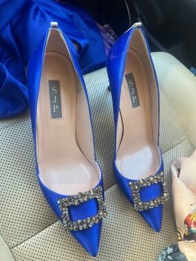 Women's Royal Blue Satin Pointed Toe Pumps with Crystal Buckle